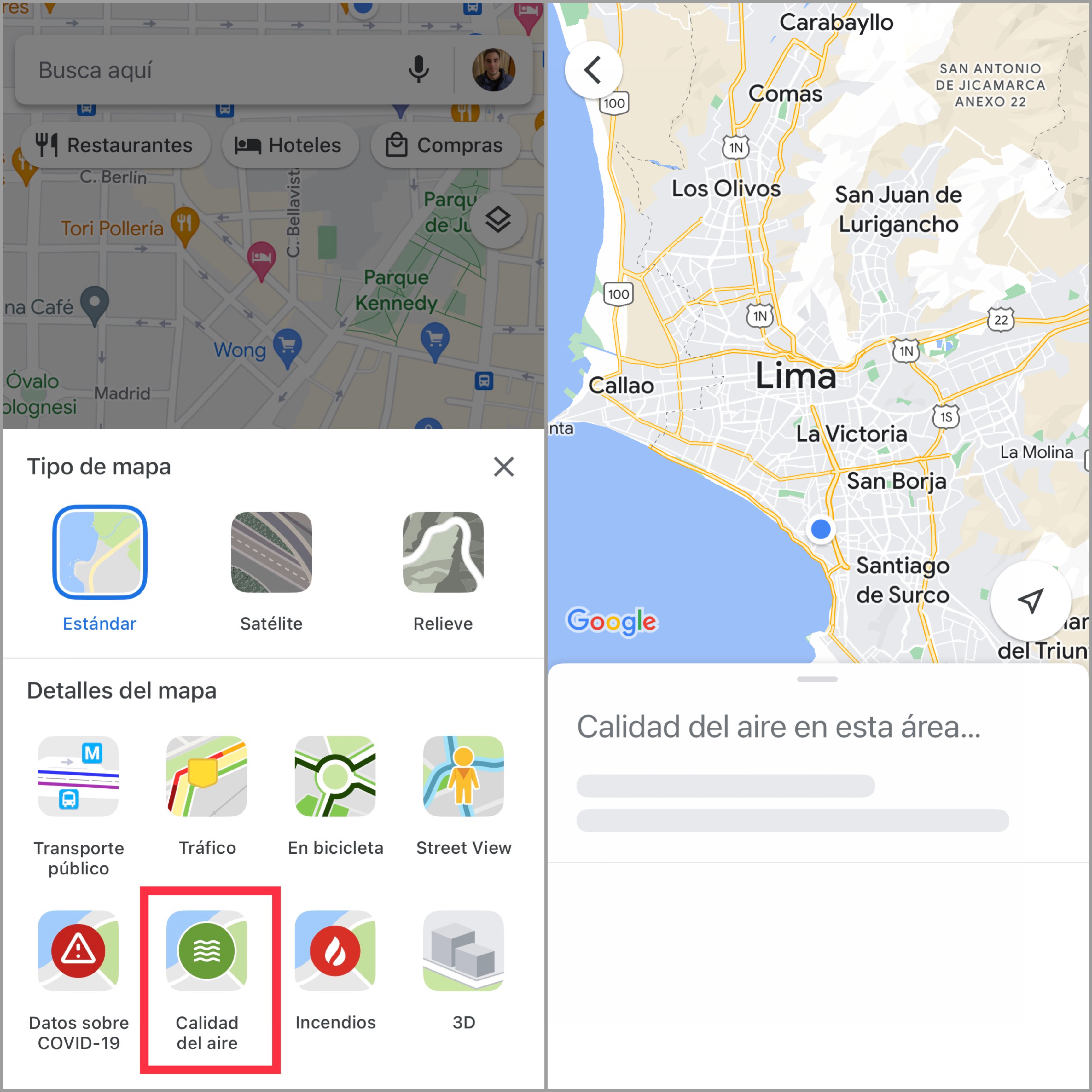 Nueva opción de Google Maps permite saber el nivel de contaminación en el aire, pero aún no está funcionando en la mayoría de países en Latinoamérica. (foto: iPhone/Jose Arana)