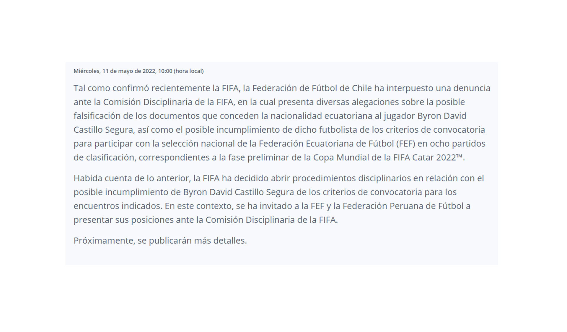 Comunicado de FIFA sobre el caso Byron Castillo