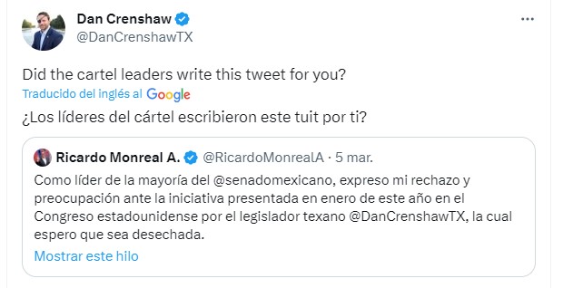 Dan Crenshaw respondió a Ricardo Monreal (Twitter)