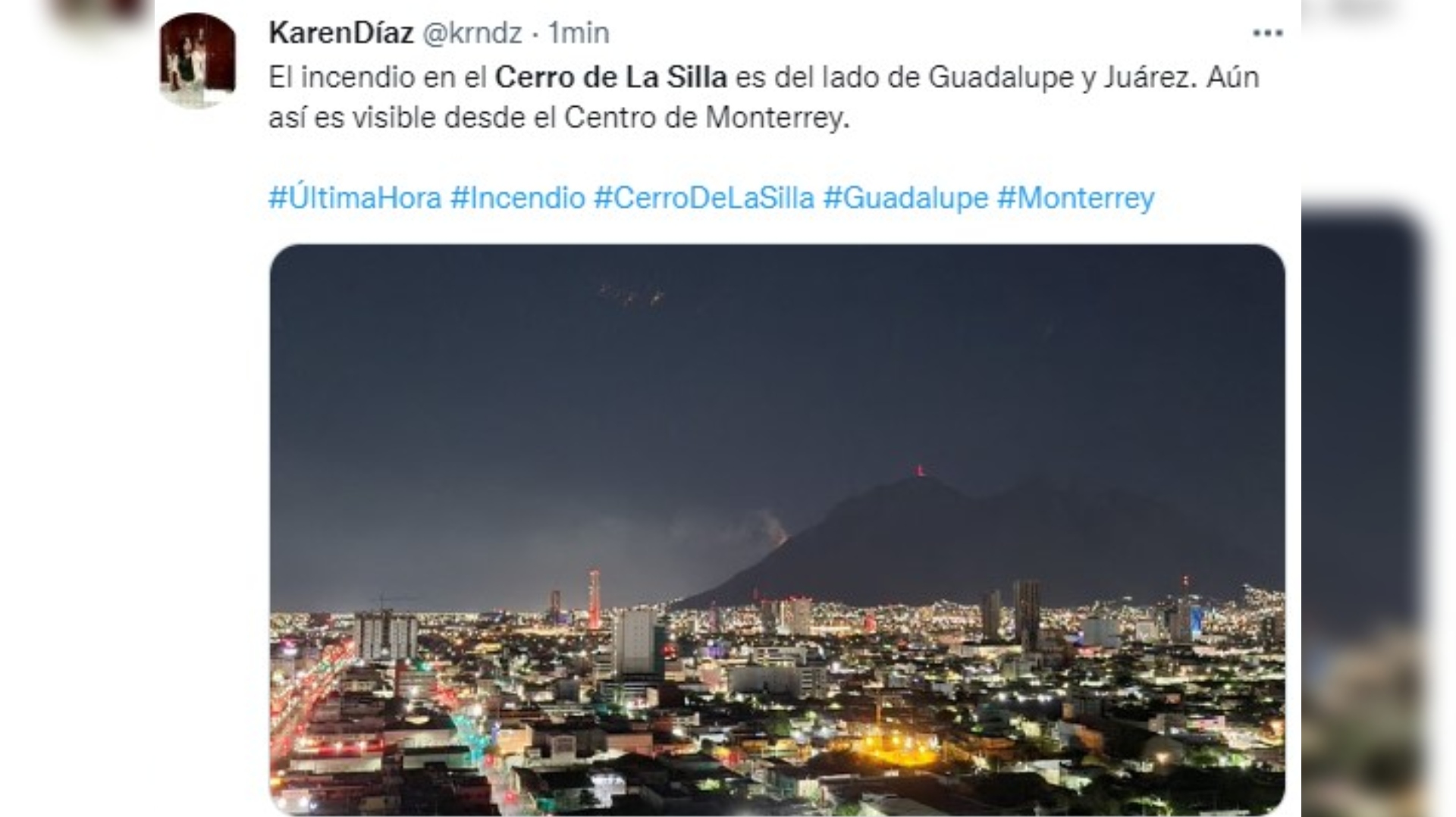 Users commented that the incident was also visible from the center of Monterrey.  (Capture: Twitter/@krndz)