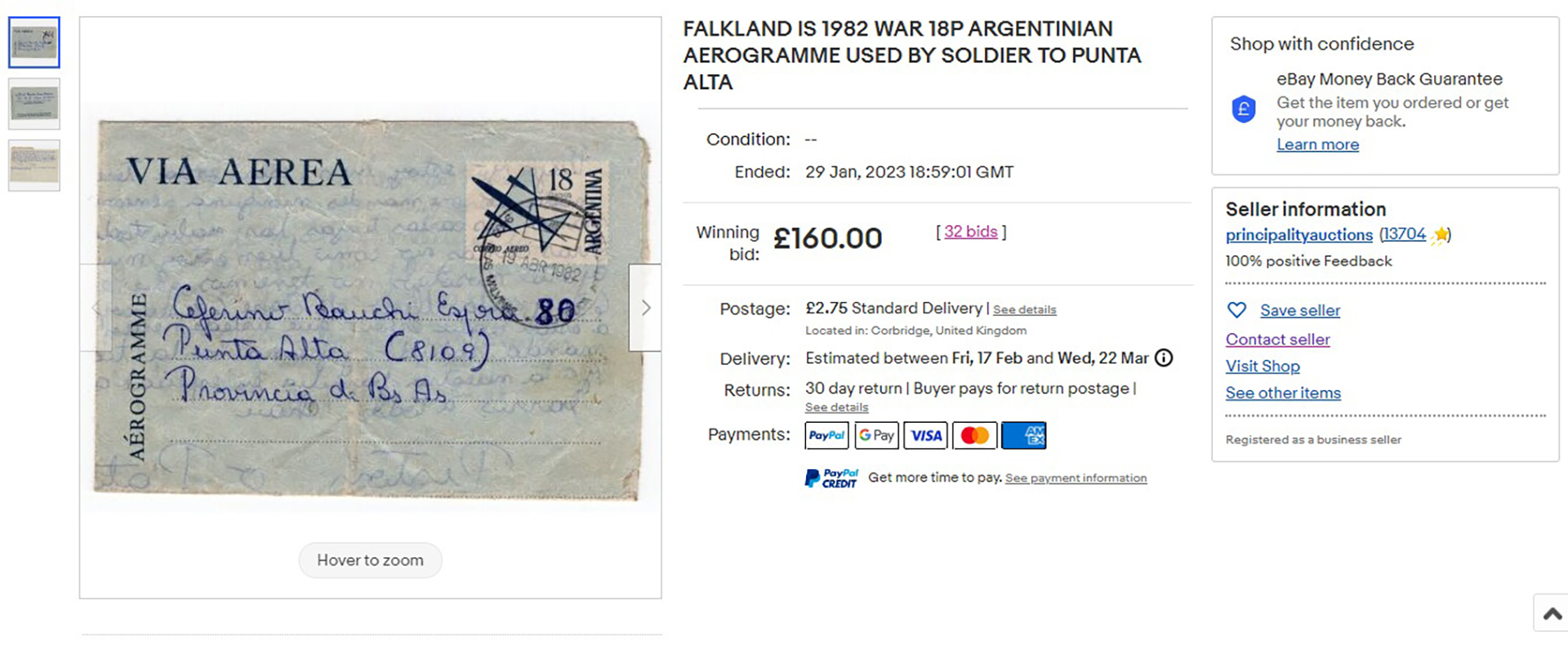 La carta, como se veía en el sitio de subastas Ebay y el precio final en el que fue vendida por la firma Principality Auctions: 160 libras