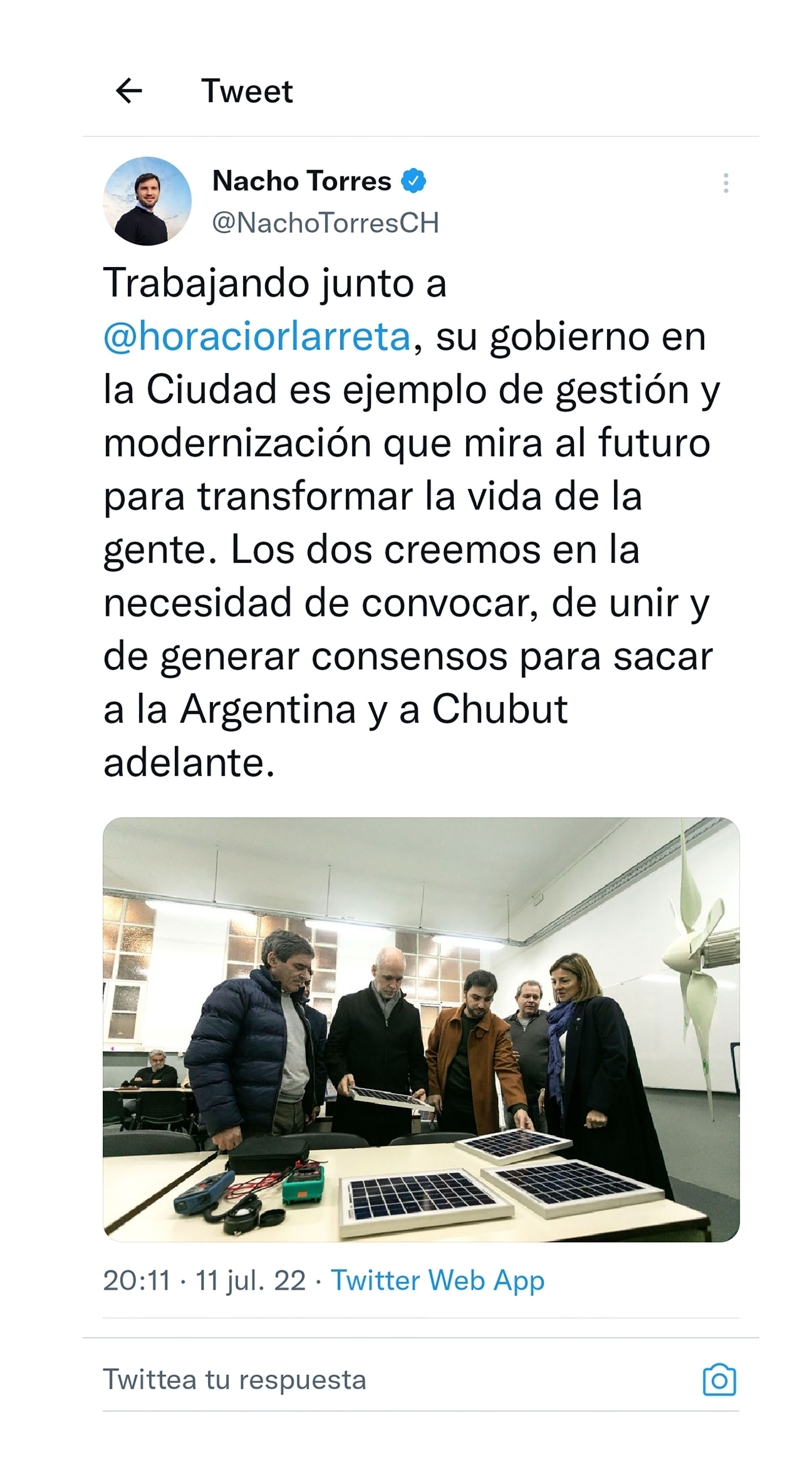 El senador del PRO Nacho Torres publicó un tuit en favor de Horacio Rodríguez Larreta