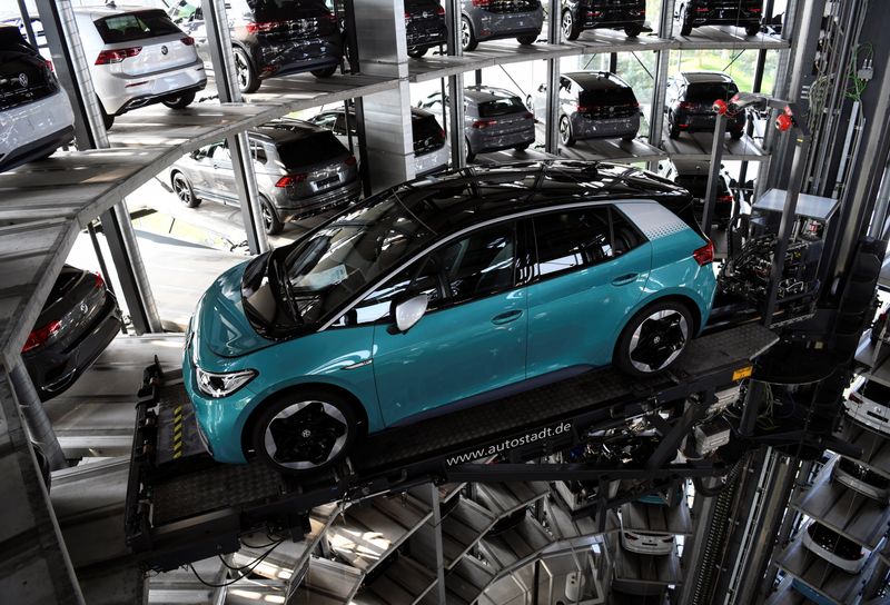 FILEPHOTO.  A new Volkswagen ID.3 electric car on a high rack fully automated for delivery by the German car manufacturer in the "car city" in Wolfsburg, Germany.  September 11, 2020. REUTERS/Annegret Hilse