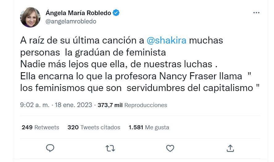 Ángela María Robledo, molesta con quienes “gradúan” a Shakira de feminista