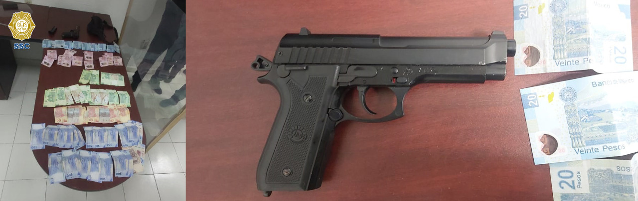 El dinero y la réplica de arma de fuego fueron puestos a disposición de autoridades ministeriales (Foto: SSC)