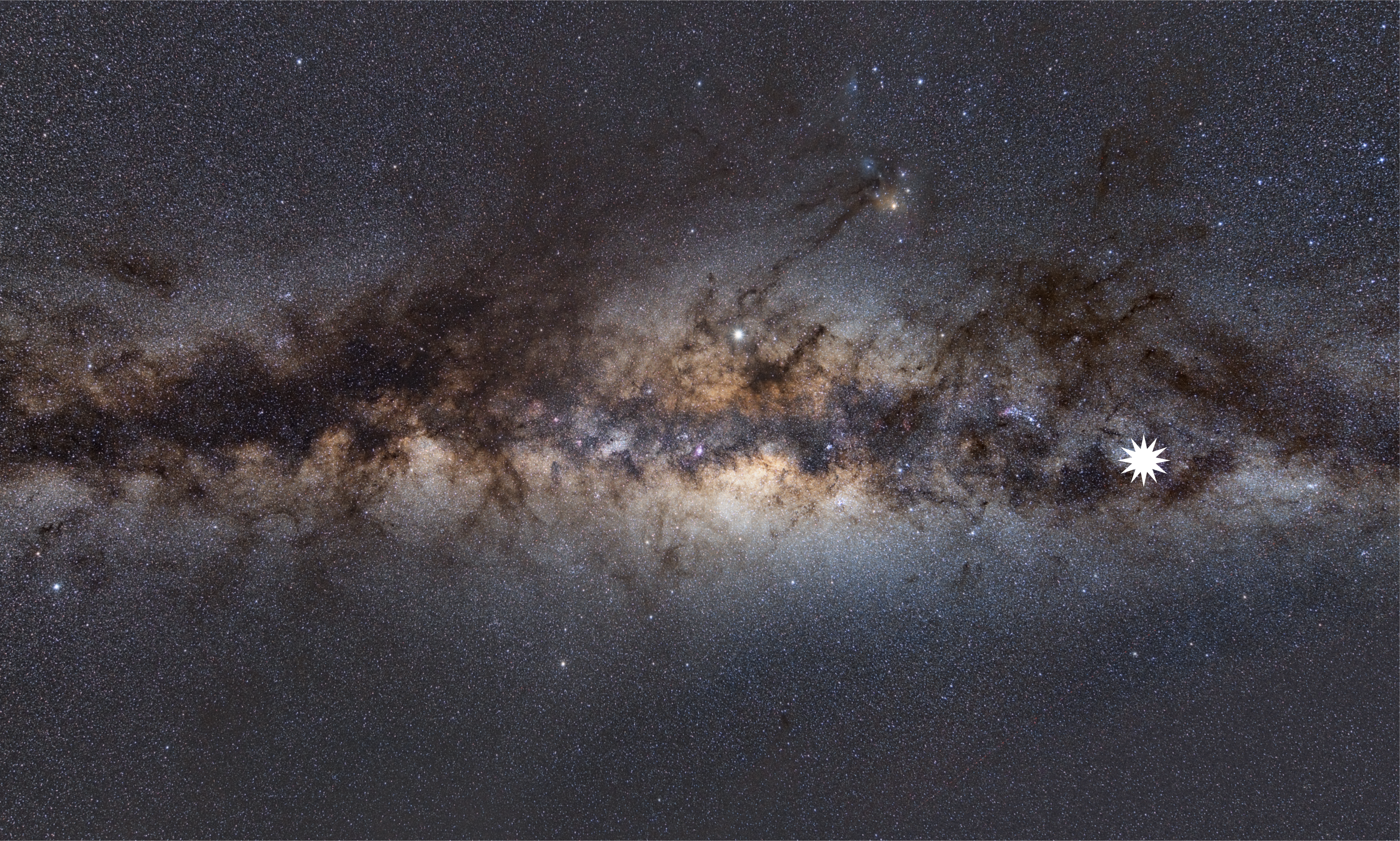 Esta imagen muestra la Vía Láctea vista desde la Tierra. El dibujo de la estrella muestra la posición del misterioso transitorio/ Crédito: Dra. Natasha Hurley-Walker (ICRAR/Curtin)