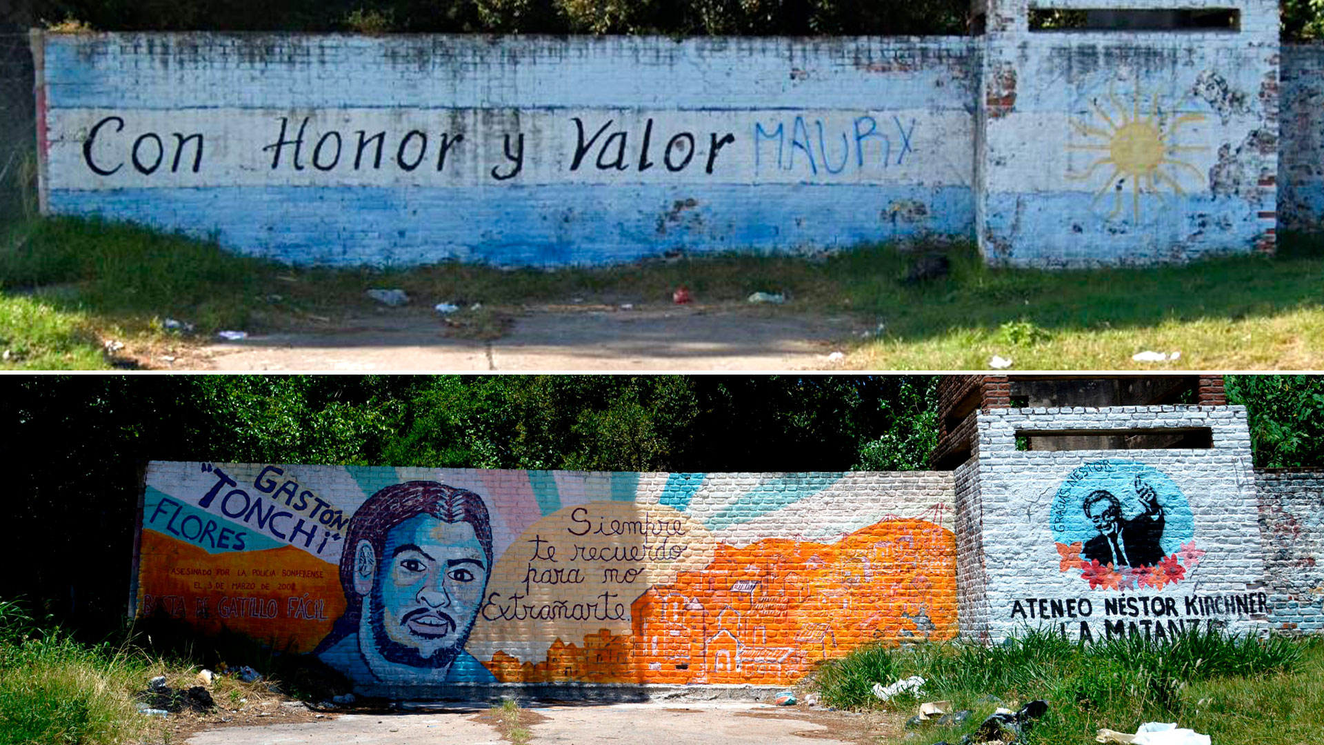 Antes y después de la pared que, sobre la avenida Crovara, homenajeaba a los 11 caídos en defensa del Regimiento de La Tablada. Ahora recuerda a una víctima del gatillo fácil (foto: Gustavo Gavotti)