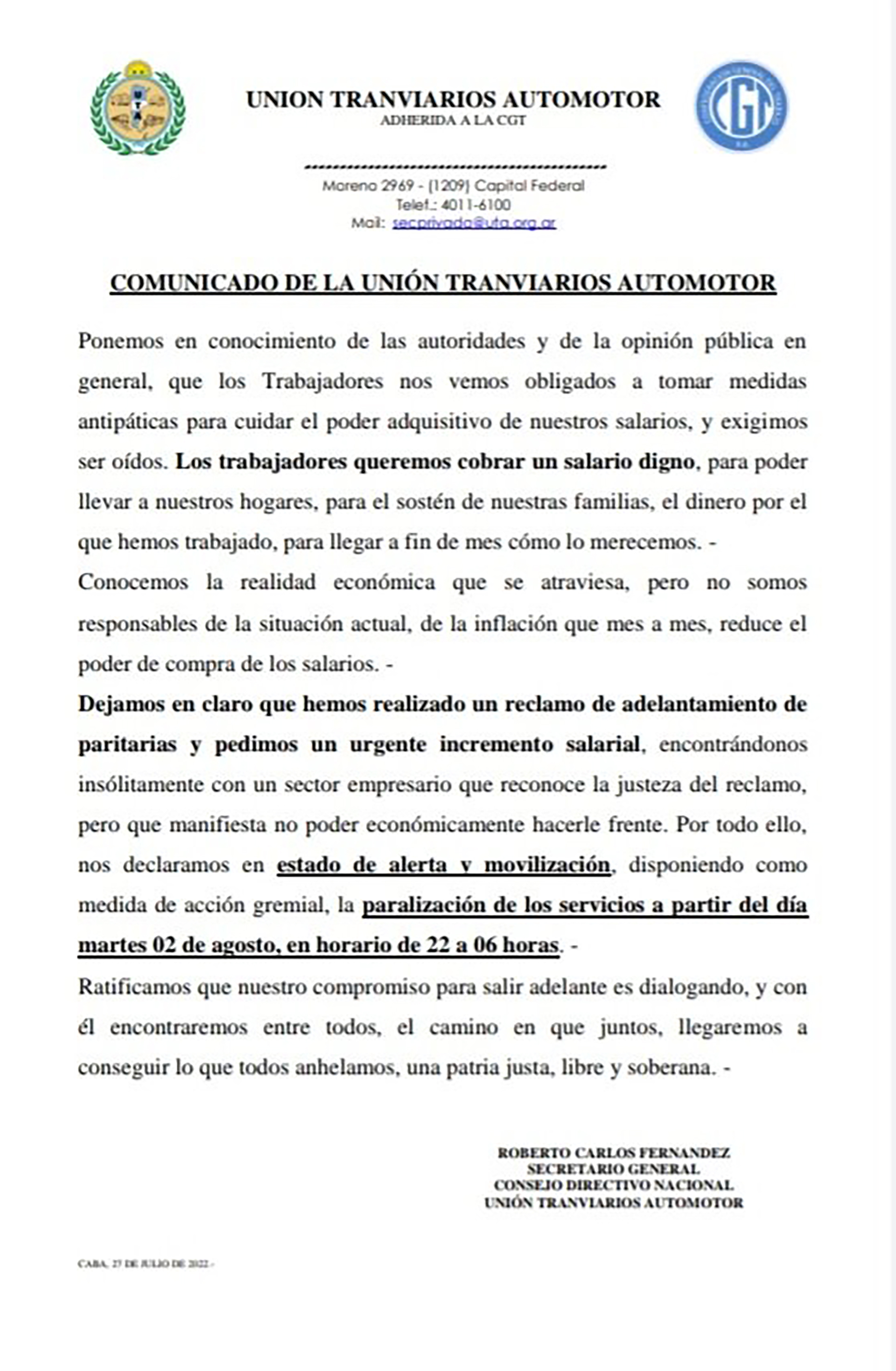 Comunicado de la Unión de Tranviarios Argentinos (UTA) que anuncia un paro de colectivos del AMBA para el próximo martes 2 de agosto.