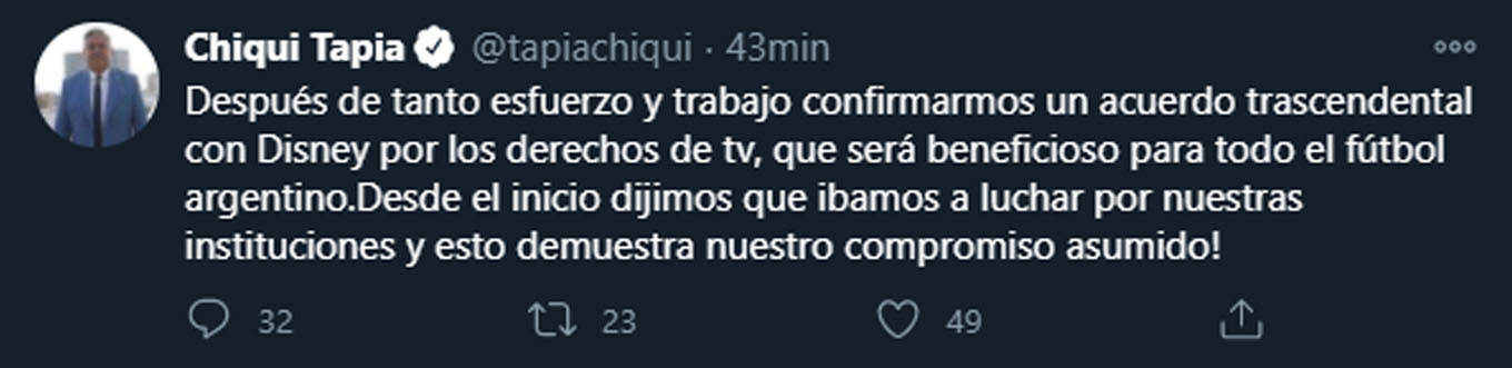 El posteo de Claudio Tapia en su cuenta de Twitter sobre el acuerdo (Twitter: @tapiachiqui)