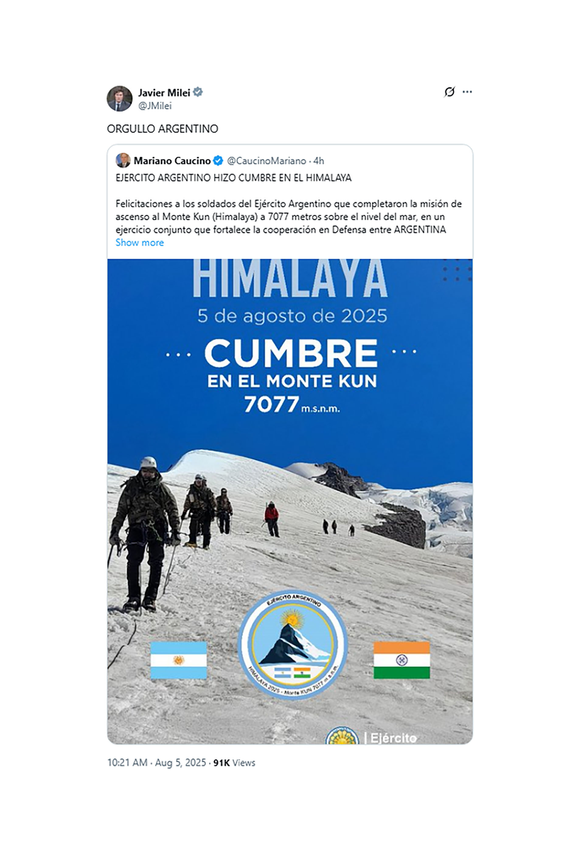 Histórico: miembros del Ejército Argentino llegaron a la cima en el Monte Kun del Himalaya