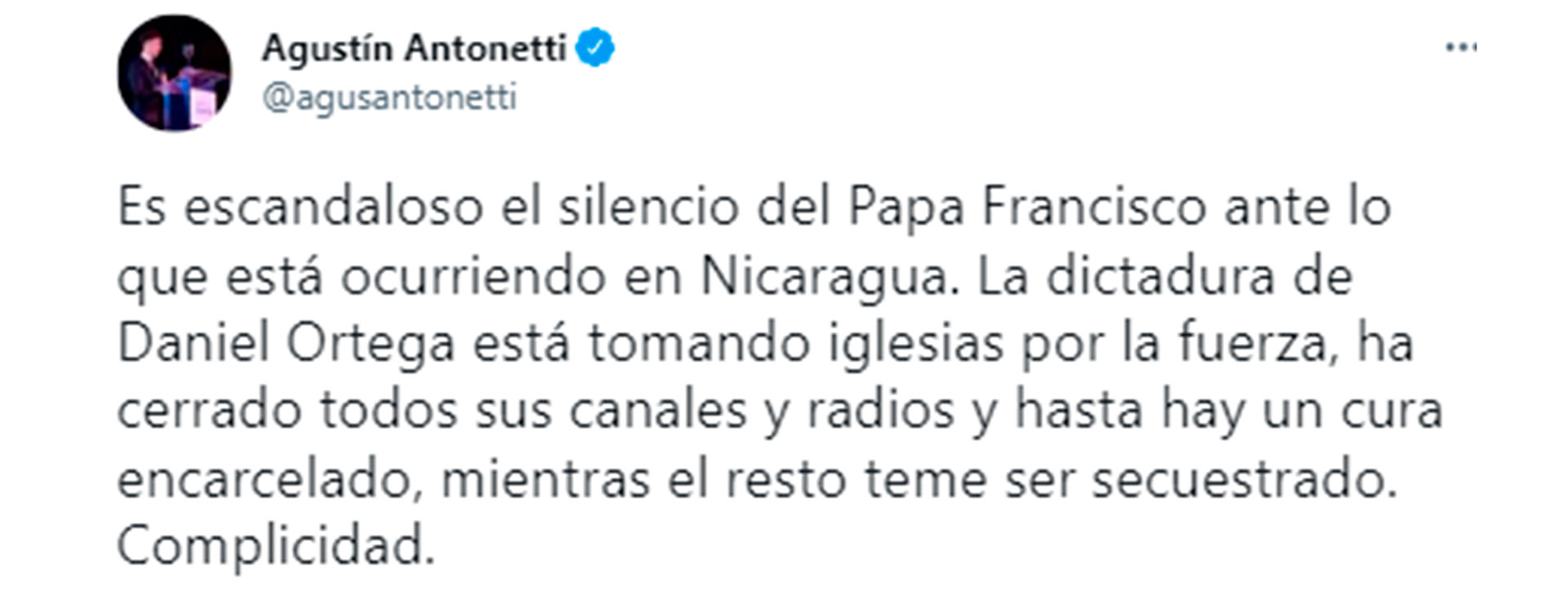 El mensaje de Agustín Antonetti en Twitter