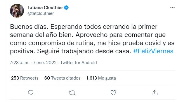 La titular de la Secretaría de Economía, Tatiana Clouthier anunció a través de su cuenta de Twitter que dio positivo a COVID-19. (Imagen: Twitter/ @tatclouthier)