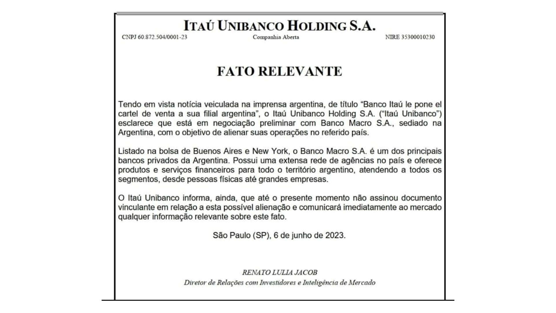 El aviso de Itaú Unibanco a la Bolsa de San Pablo