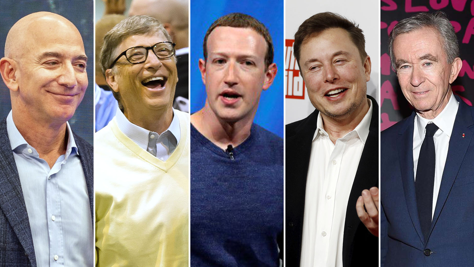 Jeff Bezos, Bill Gates, Mark Zuckerberg, Elon Musk, Bernard Arnault