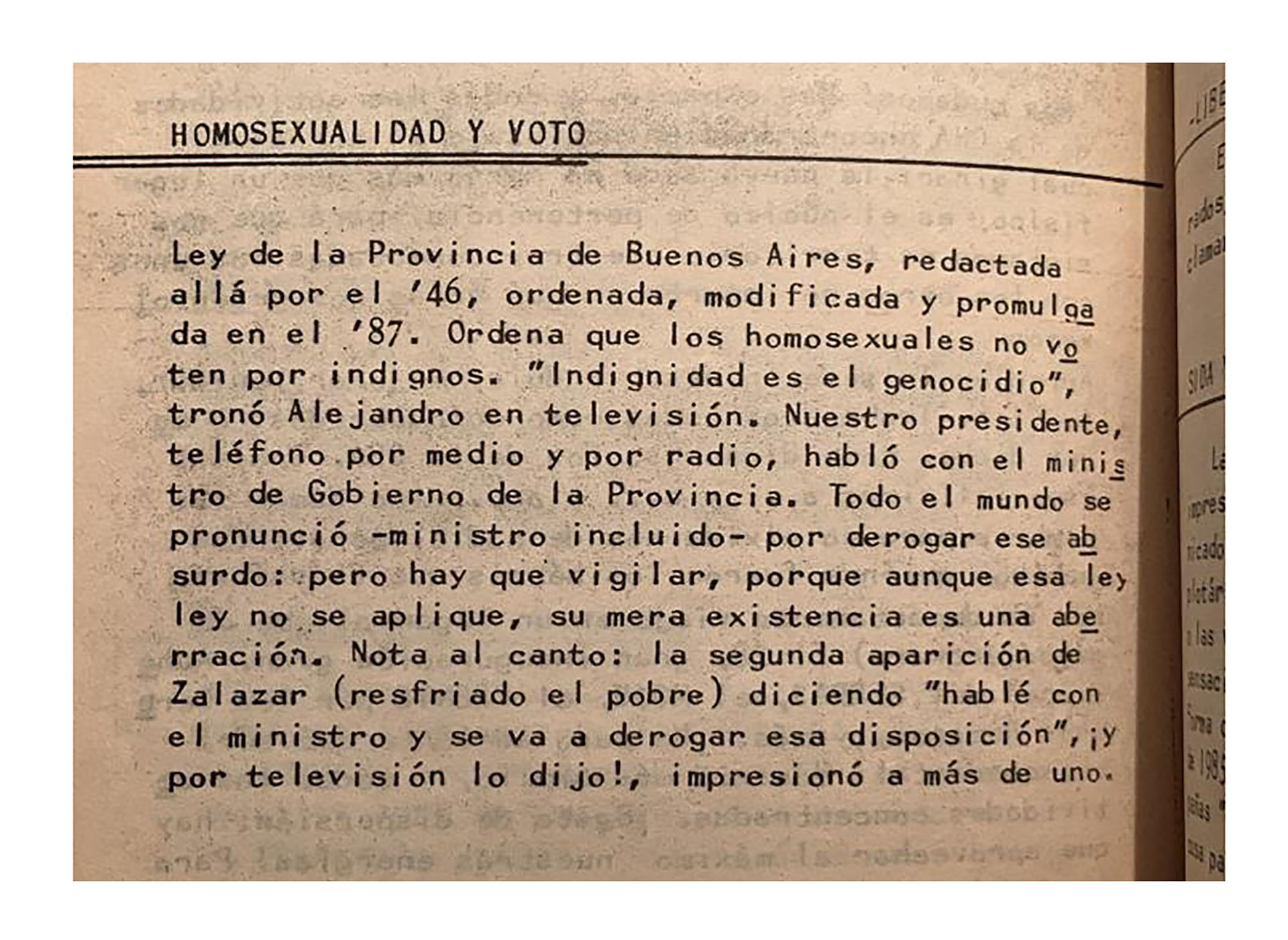 Un documento interno de la Comunidad Homosexual Argentina condenando la ley y dando cuenta de las gestiones del activismo con el gobierno de la Provincia para derogarla (Crédito: Archivos Desviados).