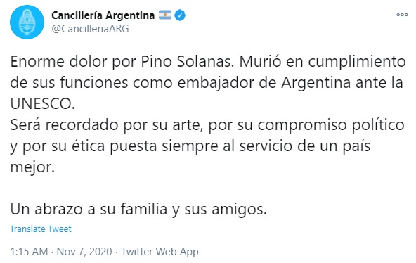 El Ministerio de Relaciones Exteriores confirmó el fallecimiento de Pino Solanas 