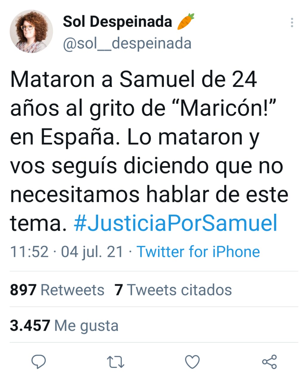 Tuit por la muerte de Samuel Diaz 