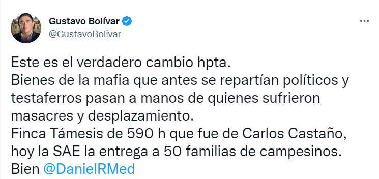 Gustavo Bolívar sobre entrega de hacienda Támesis
