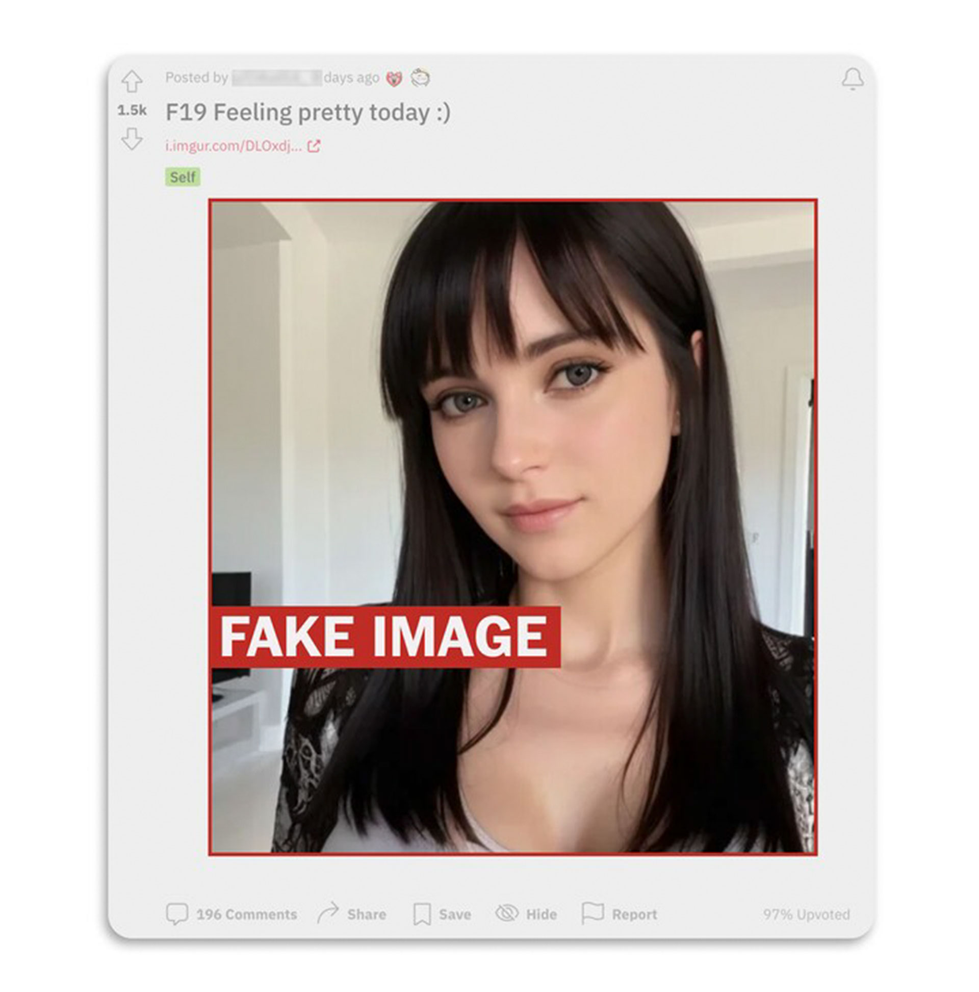Una imagen falsa de "Claudia" generada por IA apareció en un hilo de Reddit. The Washington Post ha eliminado los datos personales de esta imagen. (Ilustración de The Washington Post; Reddit)
