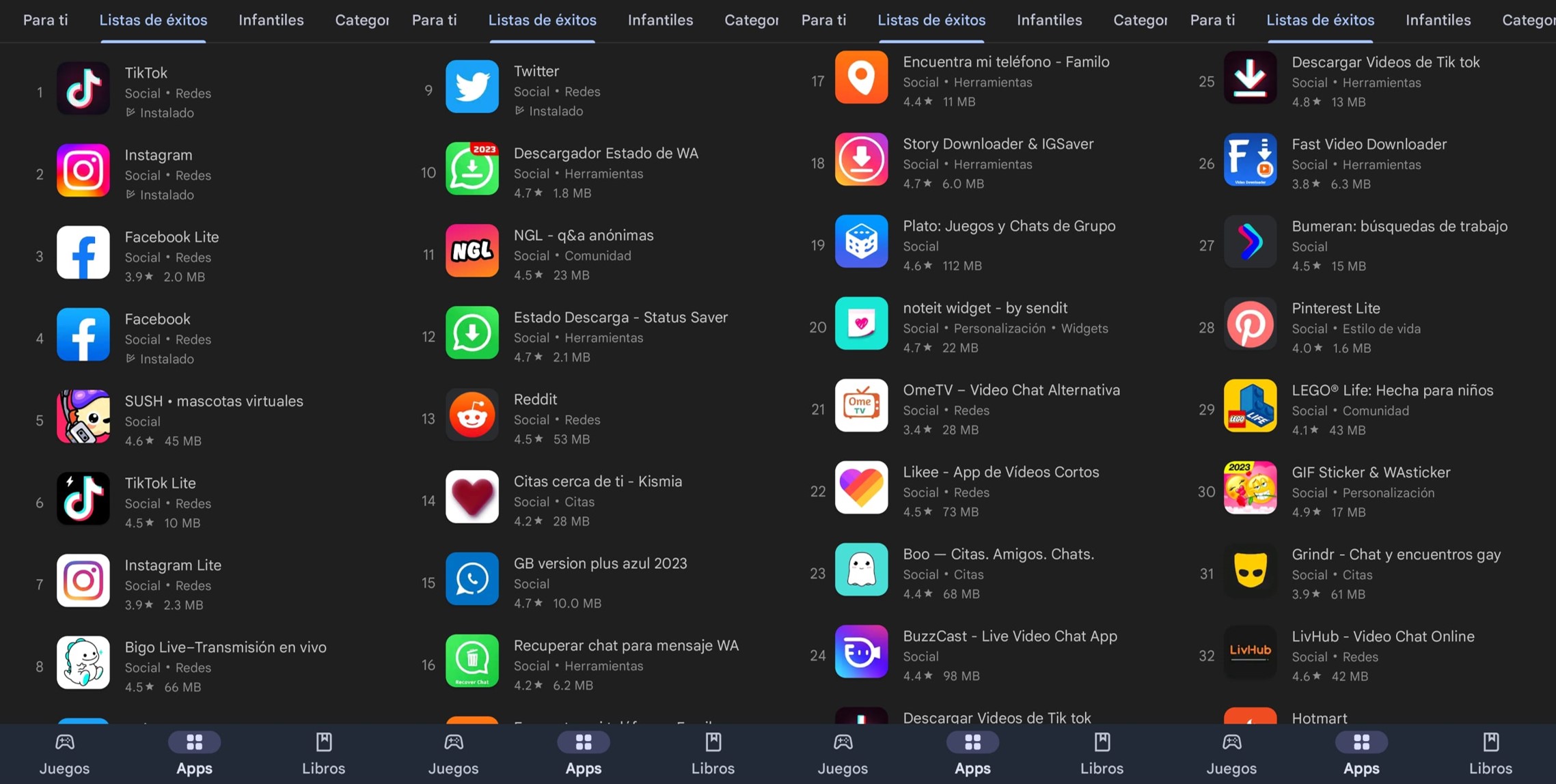 Lista de aplicaciones sociales en Google Play Store. (Infobae)
