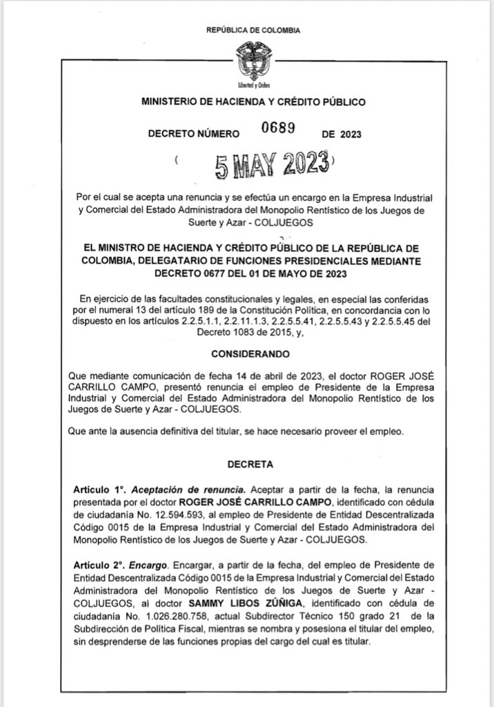 El Partido Conservador se queda sin Coljuegos. El Gobierno de Gustavo Petro aceptó la renuncia de Roger Carrillo a la dirección de la entidad. MinHacienda.