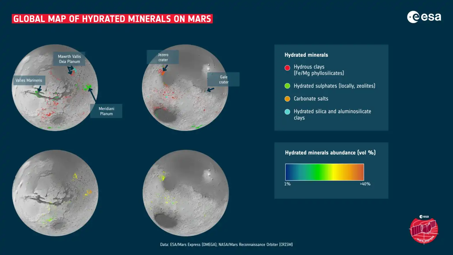 Mapa global de minerales hidratados sobre la superficie de Marte. (foto: ESA)