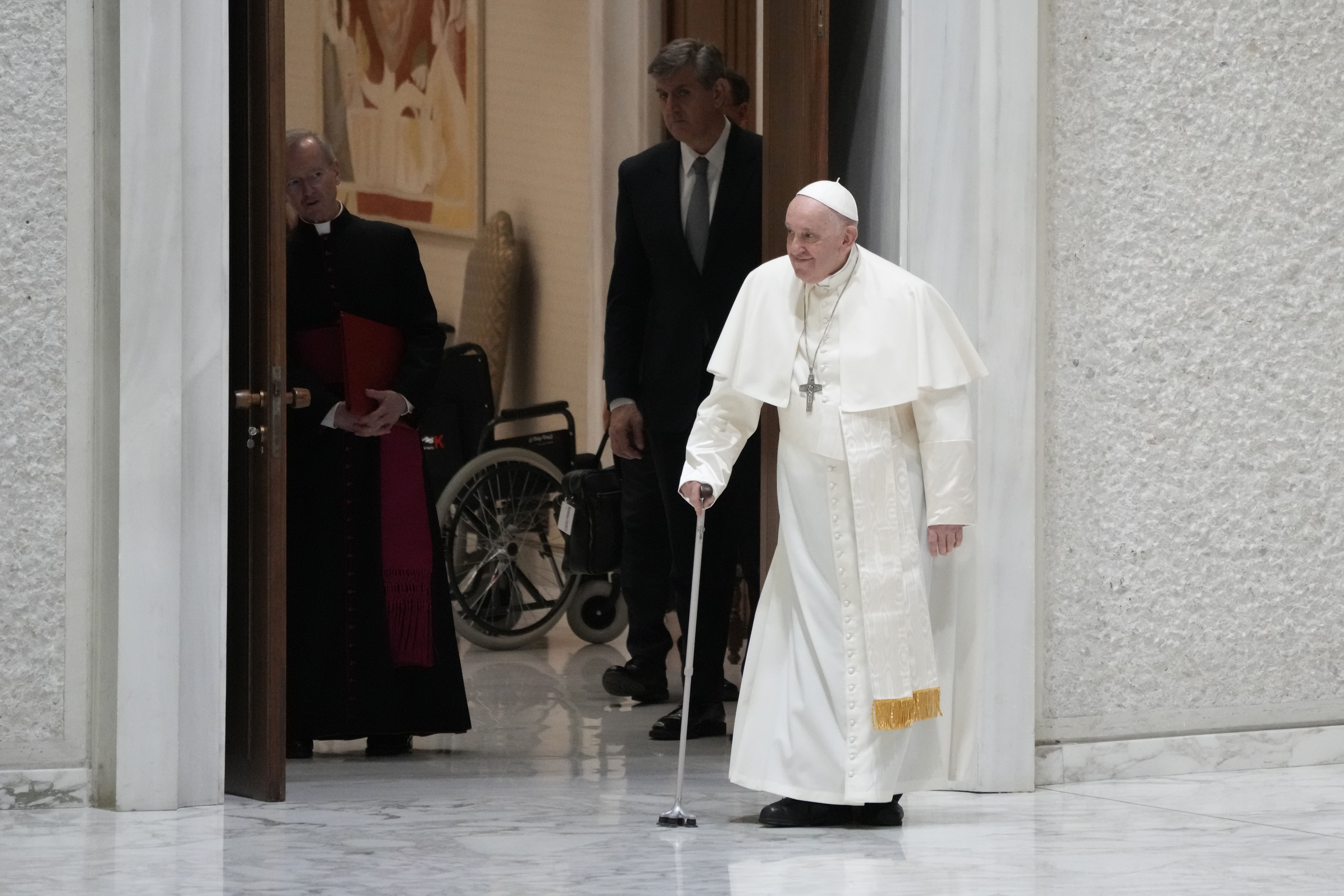 Pope Francis arrives for an audience with pilgrims from the Rho diocese in the Paul VI Hall, Vatican, Saturday, March 25, 2023. (AP Photo/Alessandra Tarantino)