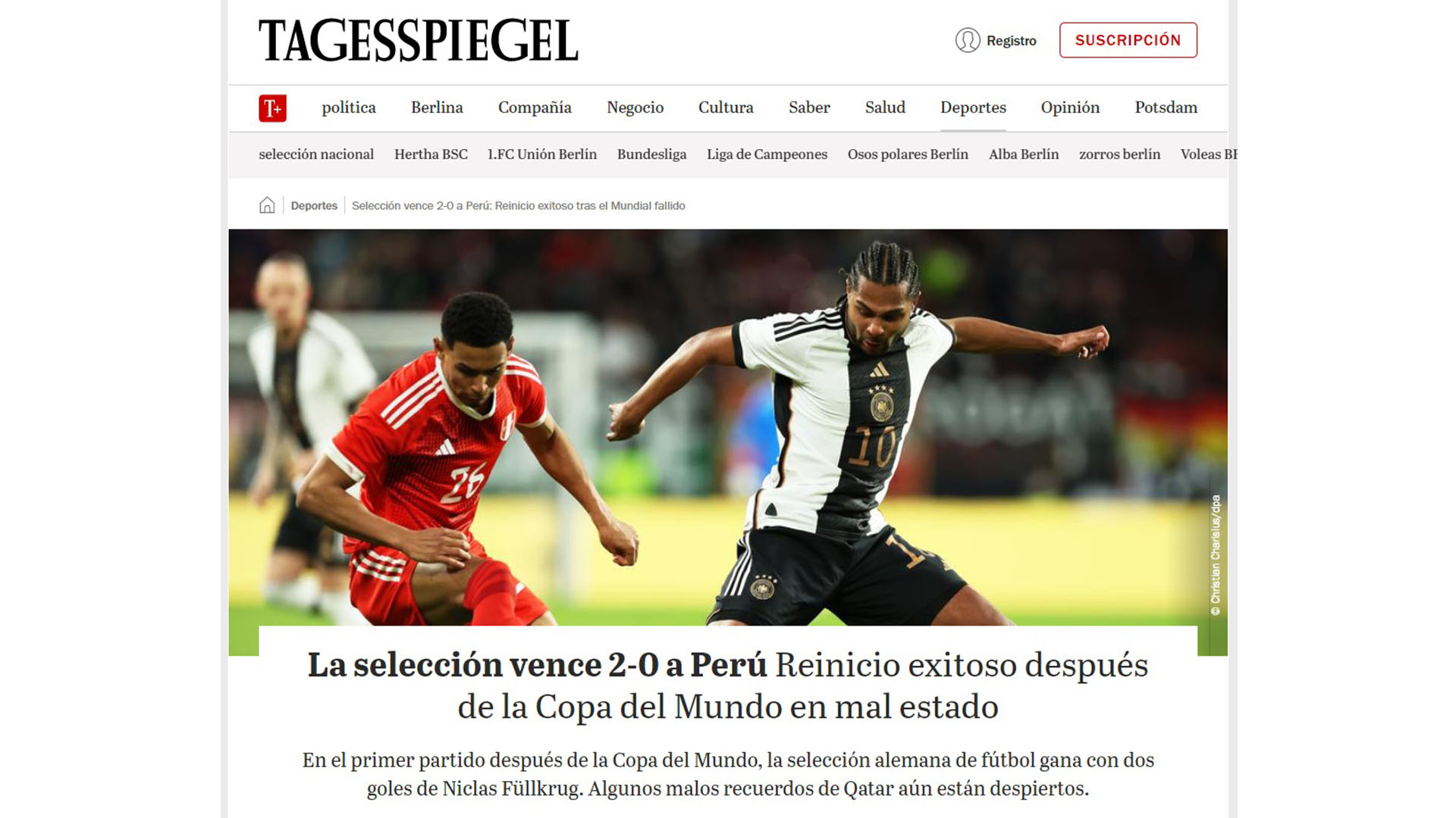 Tagesspiegel rescató la victoria alemana ante Perú, aunque señala dudas por errores del pasado.