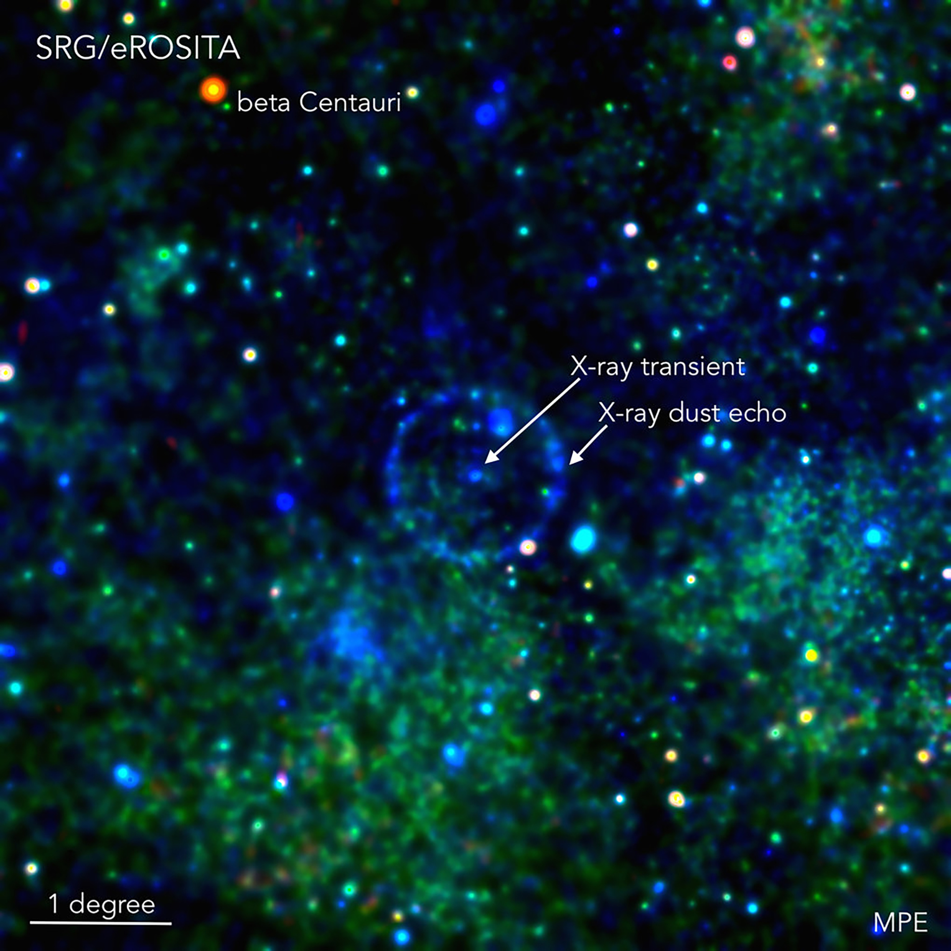 El punto azul pálido en el centro del anillo es el MAXI binario de rayos X J1348-630, que estalló en febrero de 2019. En la parte superior izquierda, la fuente roja es la estrella beta Centauri, una de las estrellas más brillantes en el cielo del sur (imagen: Georg Lamer, Davide Mella) 