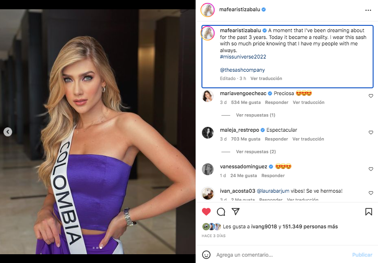 María Fernanda Aristizabal posa por primera vez con la banda que la identifica como Colombia en Miss Universo. Tomada de Instagram @mafearistizabalu