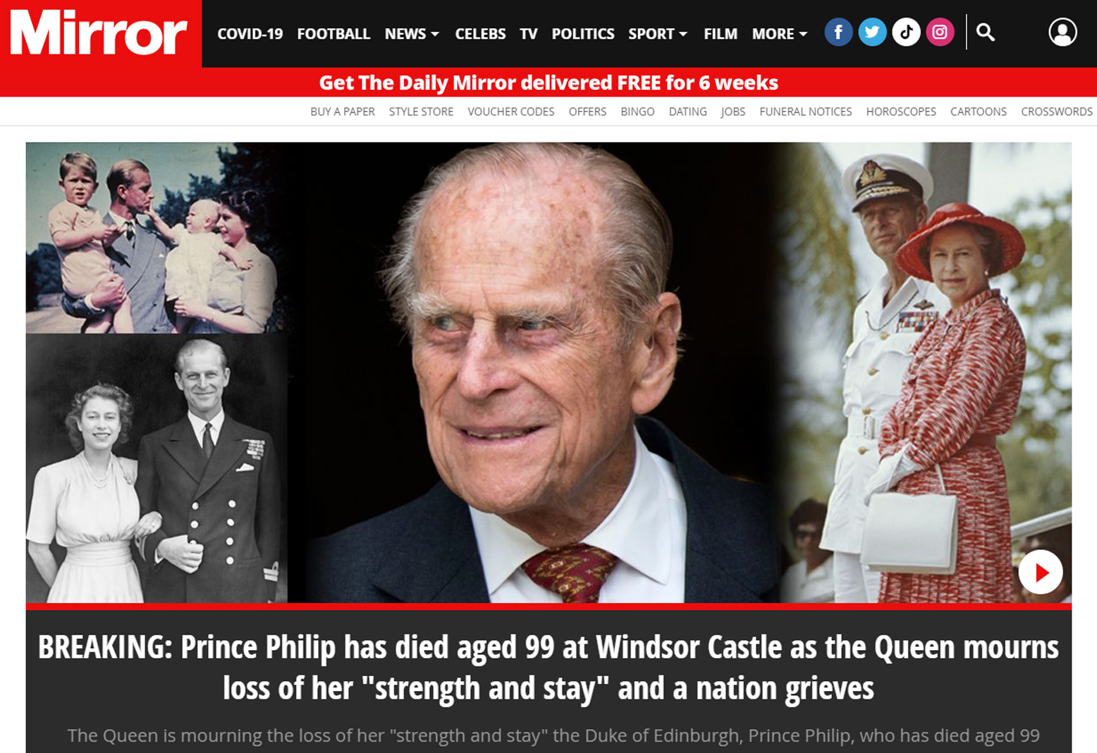 The Daily Mirror fue lineal en su portada, al anunciar la muerte del príncipe Felipe