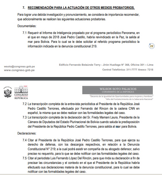 Informe de calificación de hechos detalla las recomendaciones para seguir con el proceso por traición a la patria contra el presidente Castillo.
