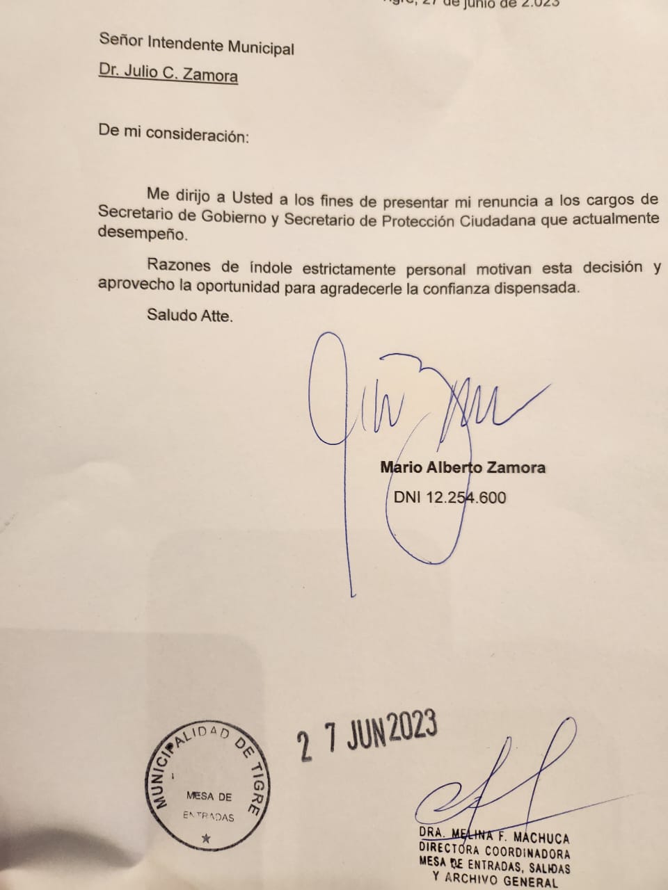 La carta de renuncia que Mario Zamora le envió a su hermano e intendente de Tigre, Julio Zamora.