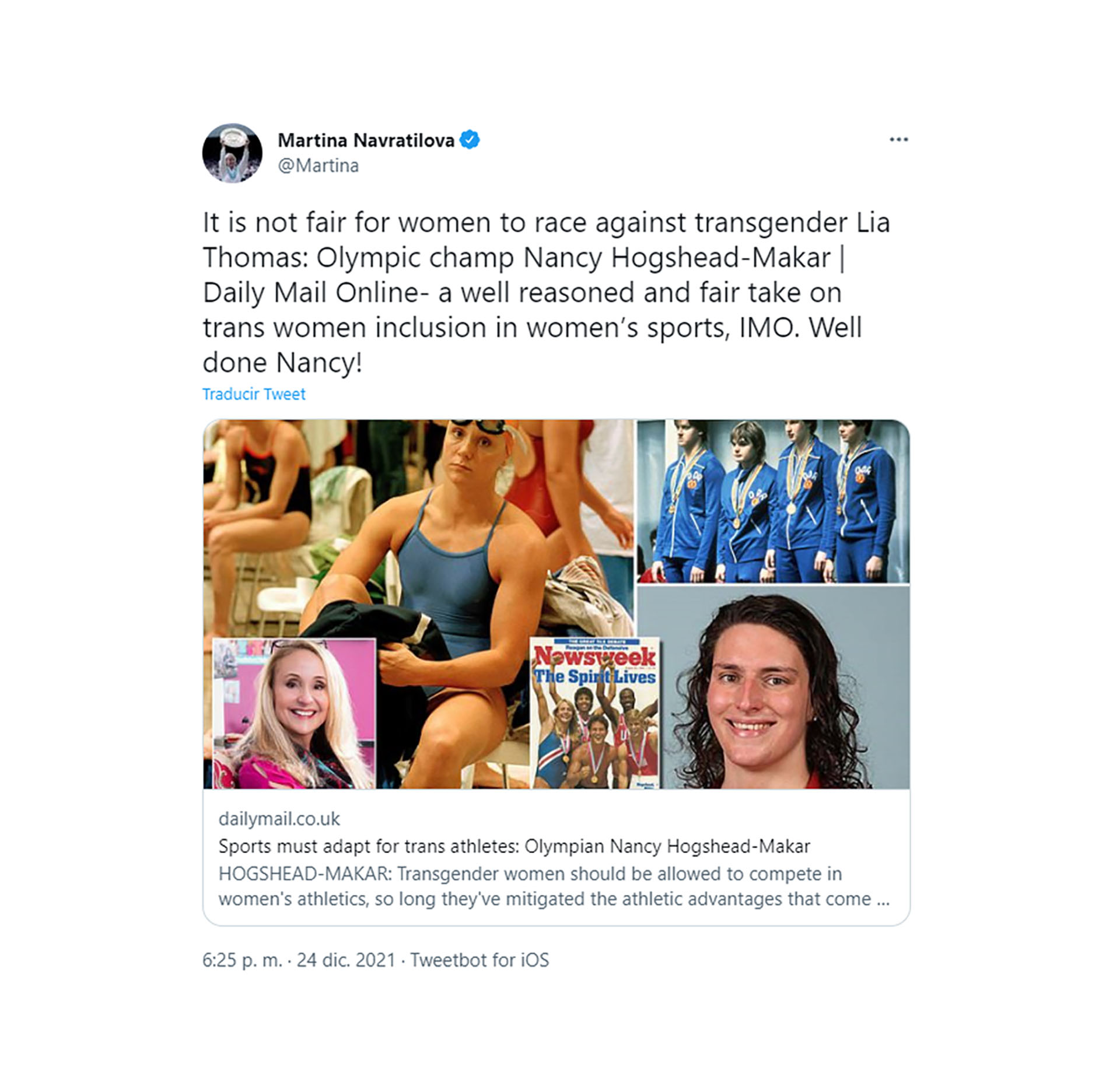 La ex tenista Martina Navrátilová citó un artículo firmado por la ex nadadora Nancy Lynn Hogshead, que criticó la inclusión de Thomas a la natación femenina