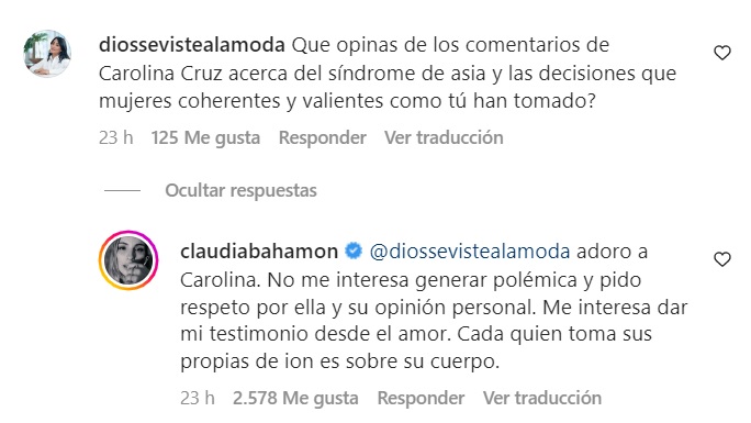 Claudia Bahamón responde a la pregunta de una seguidora en su Instagram sobre las polémicas declaraciones de Carolina Cruz sobre las implantaciones mamarias (@claudiabahamon/Instagram)