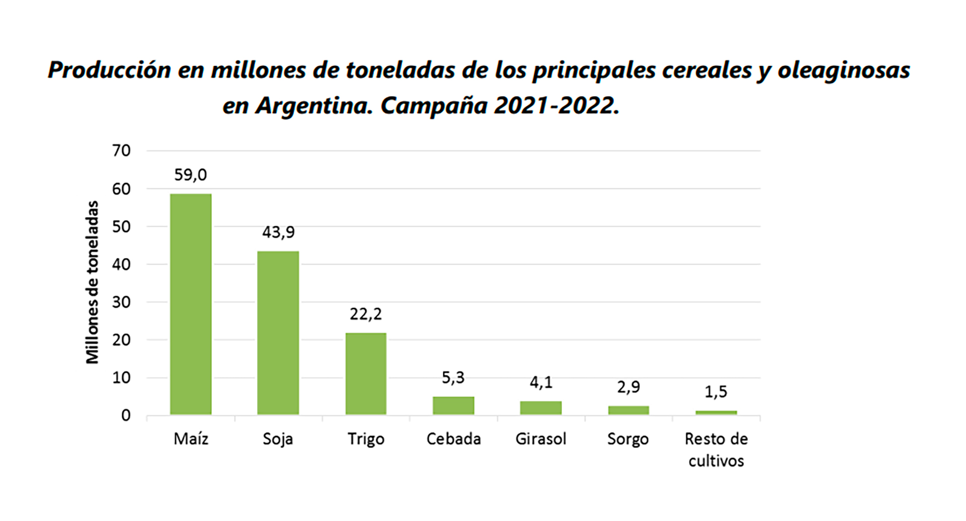 Datos de producción de granos de la última campaña. (Fuente: Universidad de San Martín en base a datos del Ministerio de Agricultura, Ganadería y Pesca)