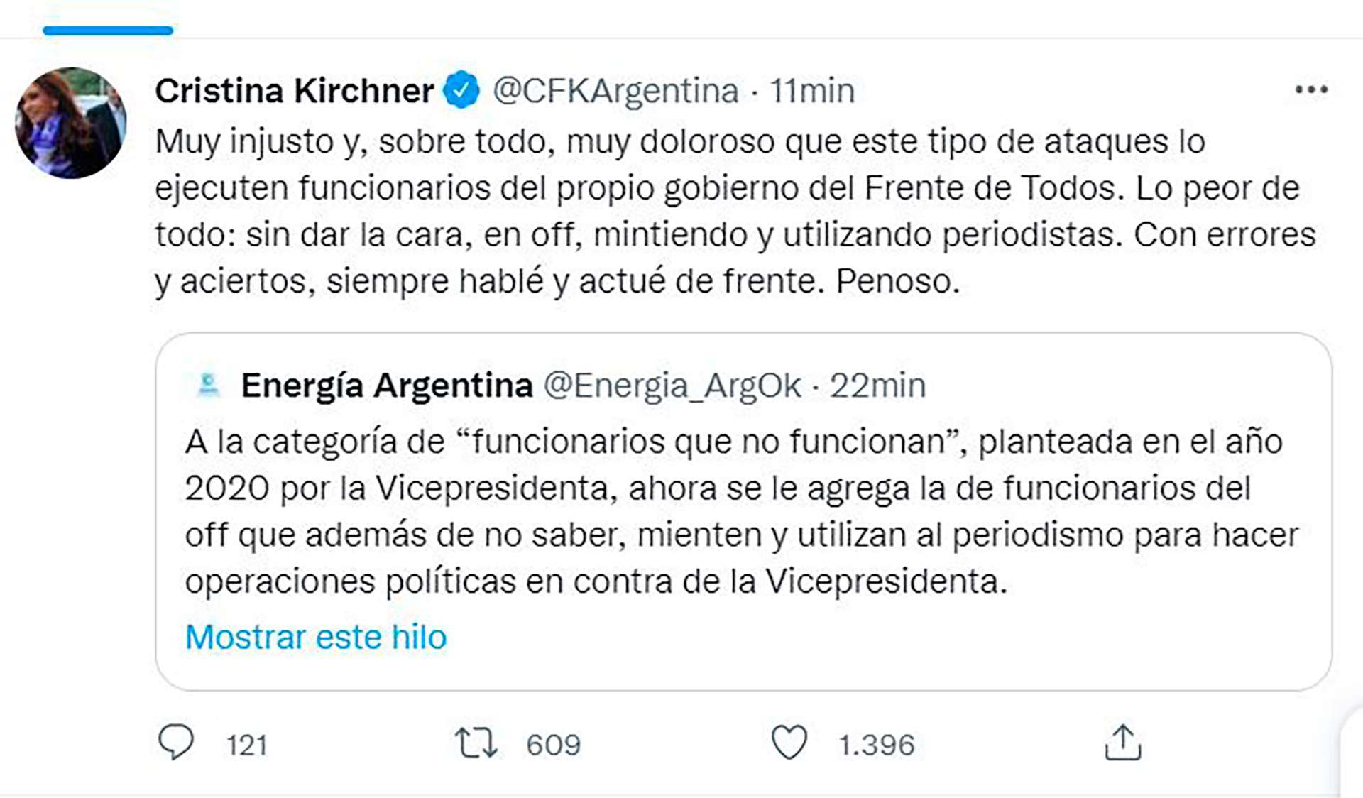 El tuit de ayer de Cristina Kirchner