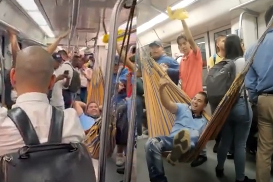 Pasajero instaló una hamaca en el Metro de Medellín porque iba muy cansado después del trabajo