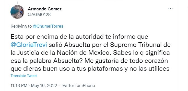 Armando Gómez, esposo de Gloria y padre de su hijo menor, confrontó al locutor en Twitter sin recibir respuesta (Foto: @AGM0128 , @ChumelTorres)