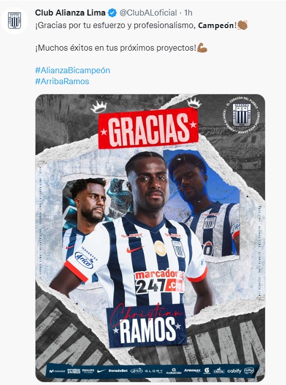 Despedida de Alianza Lima a Christian Ramos (Twitter).
