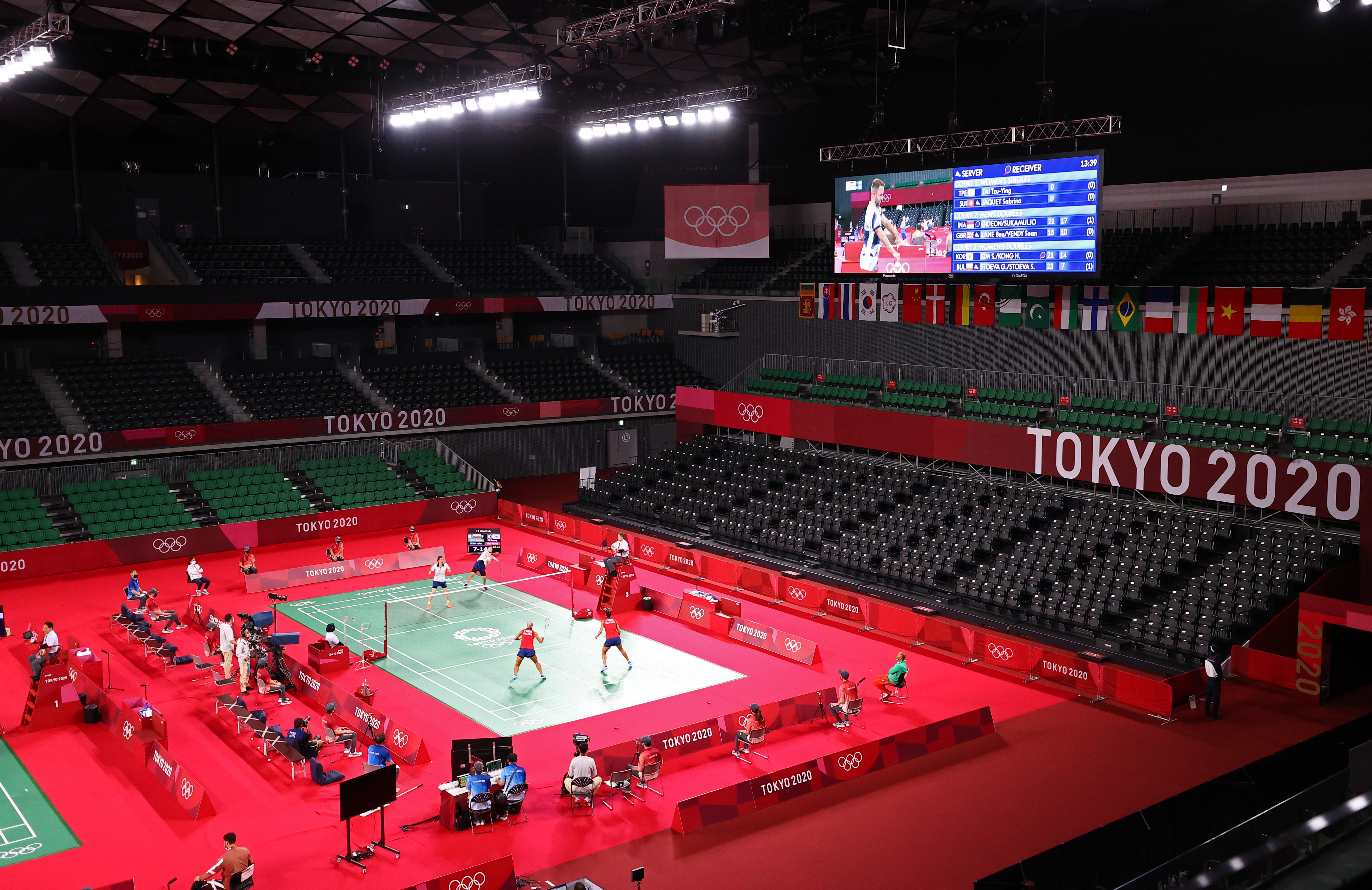 Tokyo 2020 Olympics - Badminton - Women's Doubles - Group Stage - MFS - Musashino Forest Sport Plaza, Tokyo, Japan - July 24, 2021. General view of the venue and empty seats seen during the match between Kim So-Yeong of South Korea and Kong Hee-Yong of South Korea, and Gabriela Stoeva of Bulgaria and Stefani Stoeva of Bulgaria. REUTERS/Leonhard Foeger