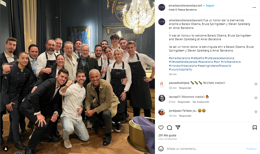 Barack Obama, Bruce Springsteen y  Steven Spielberg en Amar Barcelona (Instagram / @amarbarcelonarestaurant)