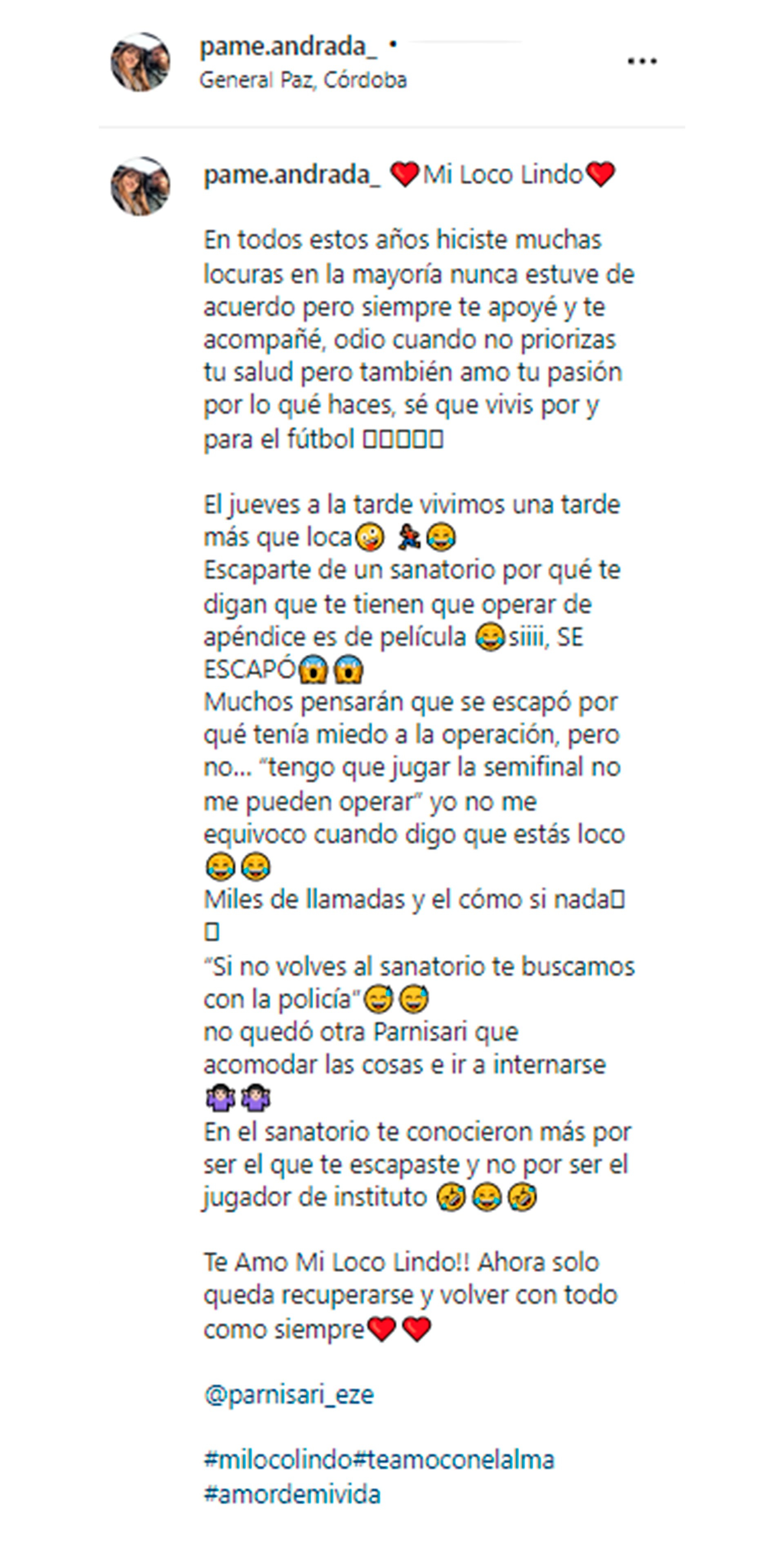 La publicación de la esposa del futbolista de Instituto (@parnisari_eze)