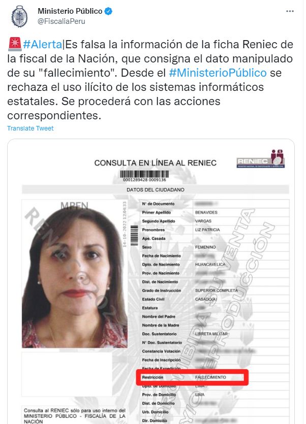 Fiscal De La Nación Patricia Benavides También Aparece Como Fallecida