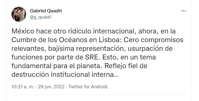 Gabriel Quadri criticó la poca representación de México en la Conferencia  de los Océanos en Lisboa (Foto: Twitter@g_quadri)