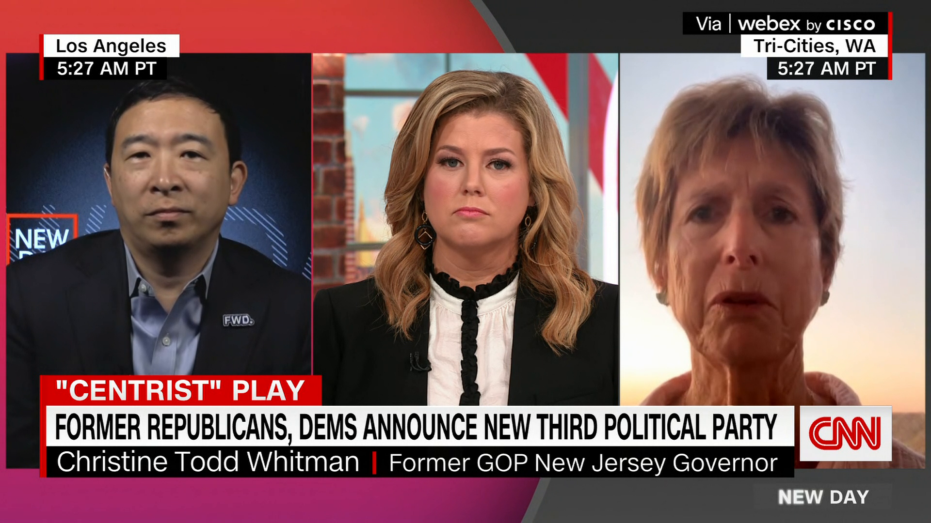 Yang y Todd Whitman entrevistados por la CNN. La polémica está centrada en el hecho de que lo más probable es que el nuevo partido de centro le robe muchos votos a los demócratas y terminen favoreciendo la llegada de Trump nuevamente a la Casa Blanca.