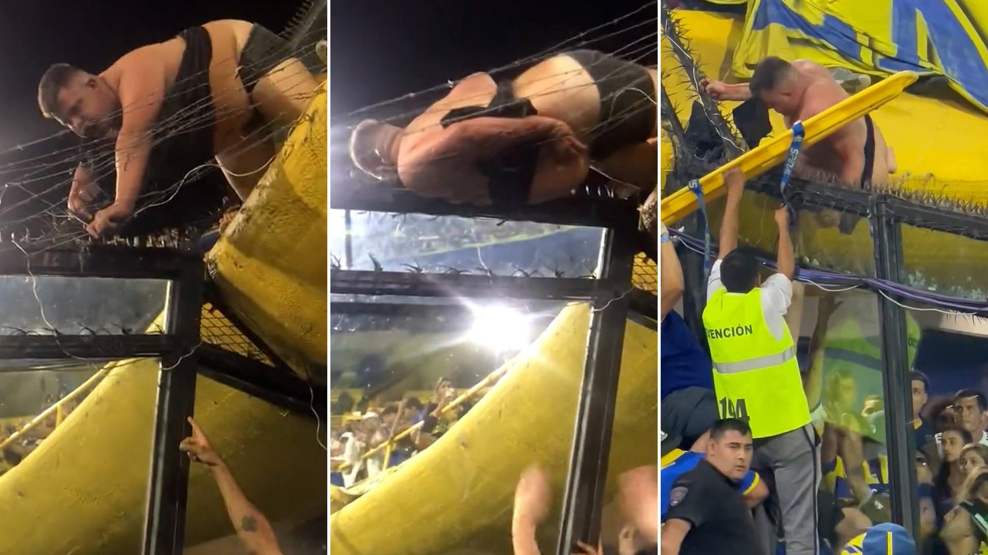 The Boca Juniors supporter who was trapped between the wire fences of La Bombonera.  He wanted to go from one platform to another (video capture)