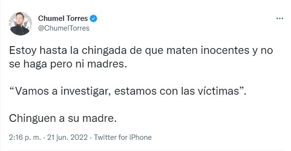 El comediante chihuahuense lamentó que por el aumento de la violencia en el país, México se esté convirtiendo en un infierno (Foto: Twitter/@ChumelTorres)