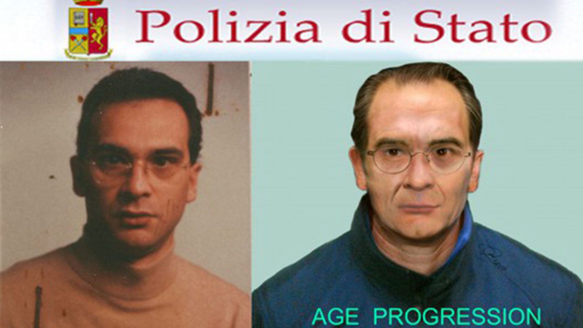 Como era y como podría haber envejecido Matteo Messina Denaro, en una elaboración difundida por la policía italiana. No se le conocía foto reciente