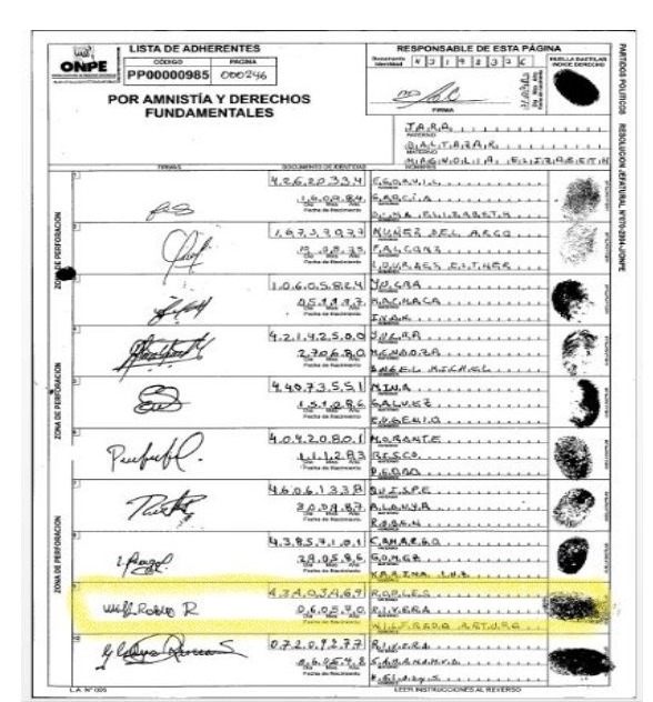 Planillón del Movadef con el nombre y firma del abogado de Pedro Castillo.